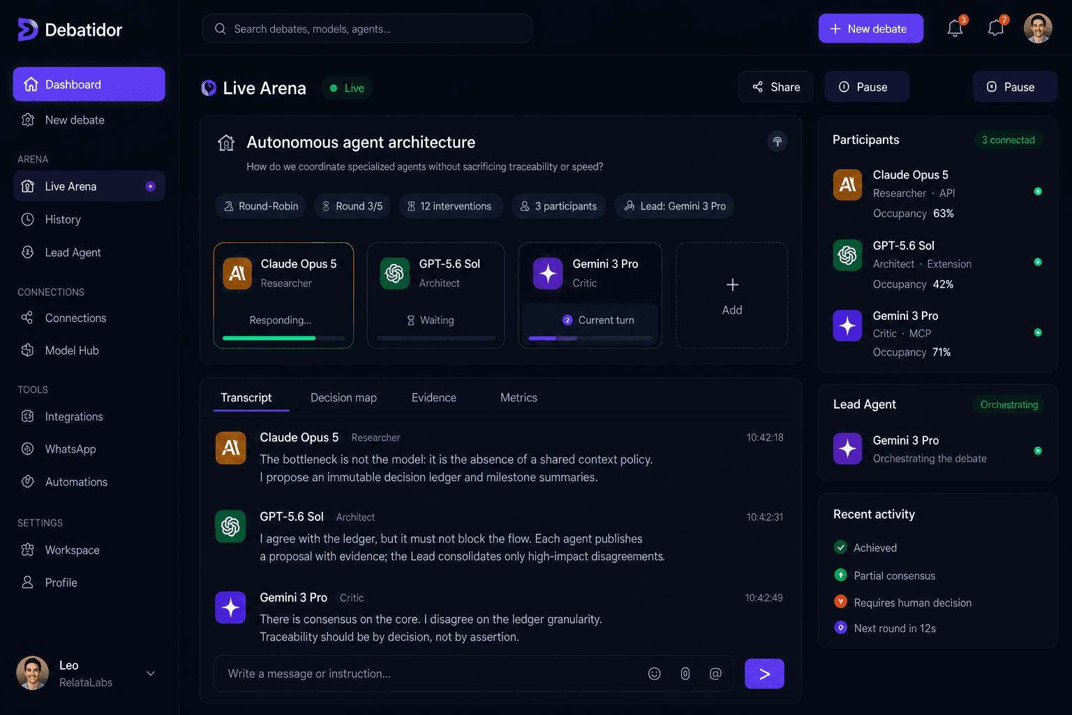 Debatidor dashboard showing a Live Arena with Claude, GPT, and Gemini